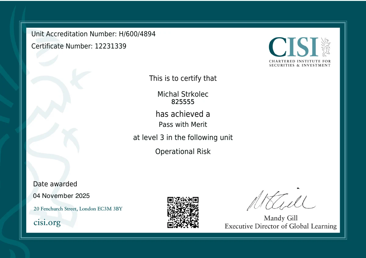 CISI Operational Risk certificate showing Pass with Merit