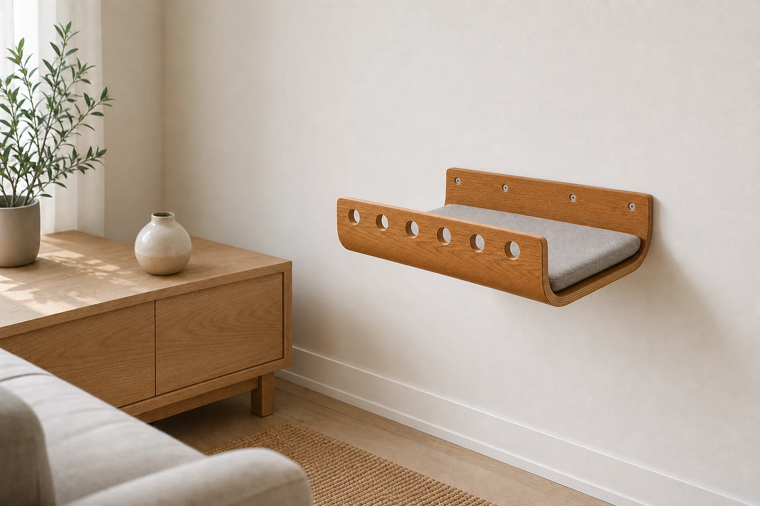 Lilly’s Lounge wooden wall-mounted cat bed in a warm interior